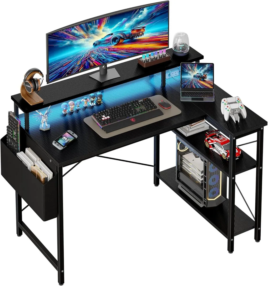 L Shaped Desk with LED Lights Power Outlets 100 - Image 1