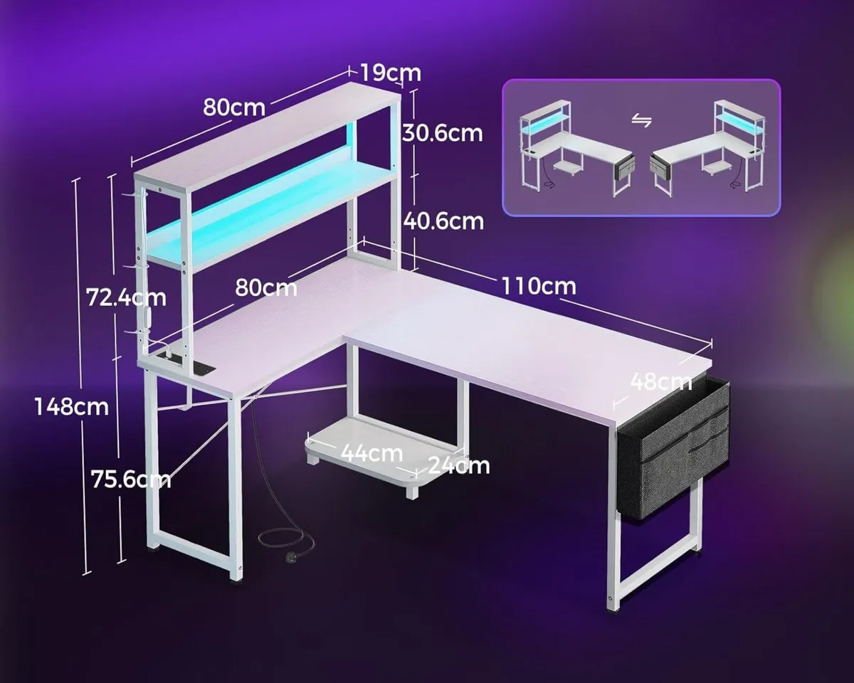 L Shaped Gaming Desk with LED Lights Power Outlet - Image 3