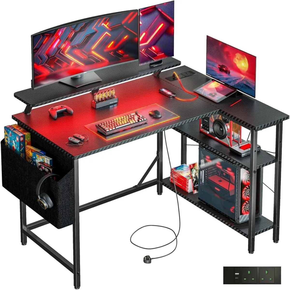 L Shaped Gaming Desk with LED Lights Power - Image 1