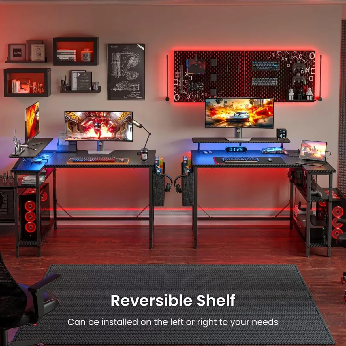 L Shaped Gaming Desk with LED Lights Power - Image 4