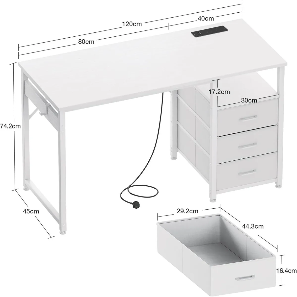 120cm Computer Desk with Drawers Office 2 Sockets - Image 3
