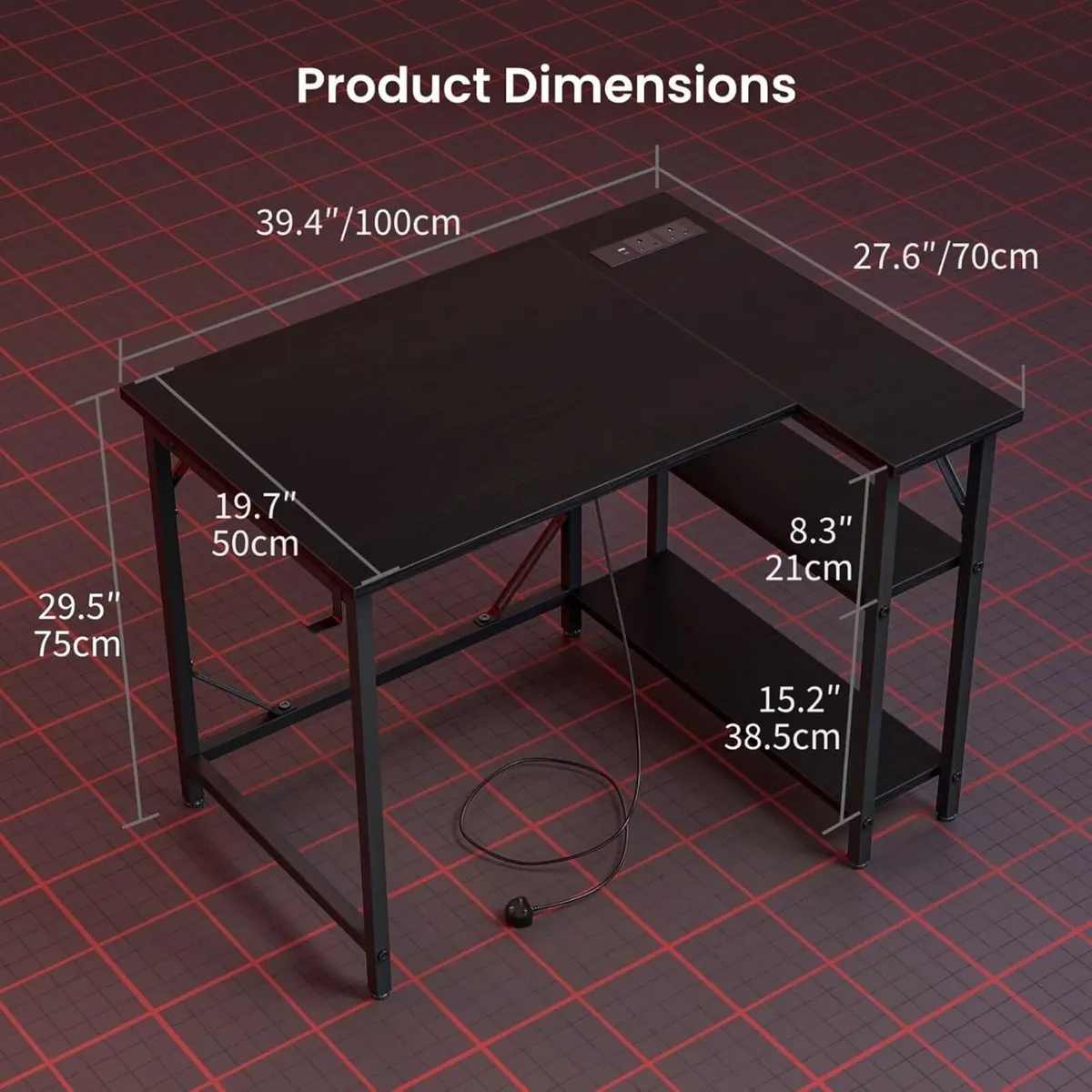 L Shaped Gaming Desk with Power Outlets 100x70cm - Image 3