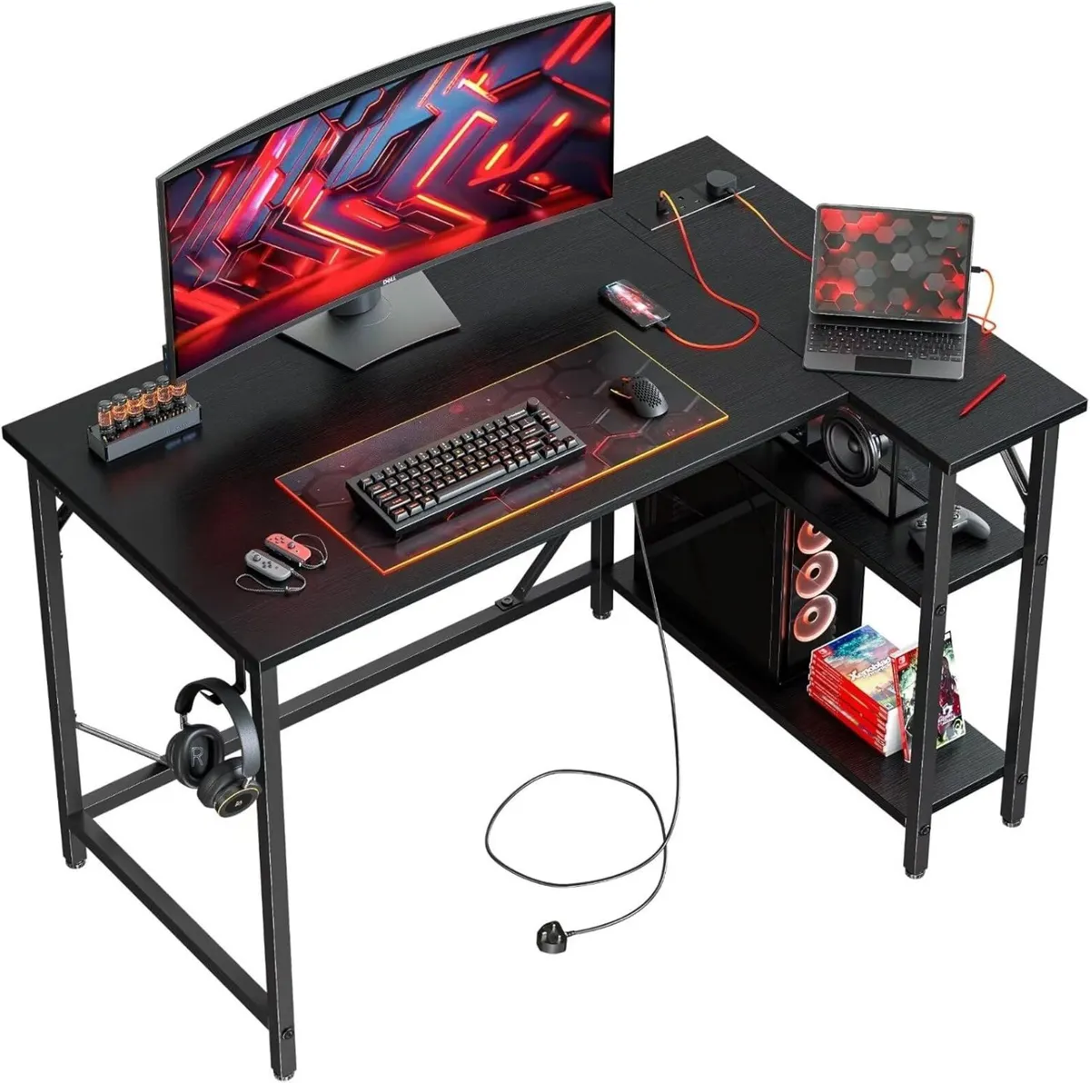 L Shaped Gaming Desk with Power Outlets 100x70cm - Image 1
