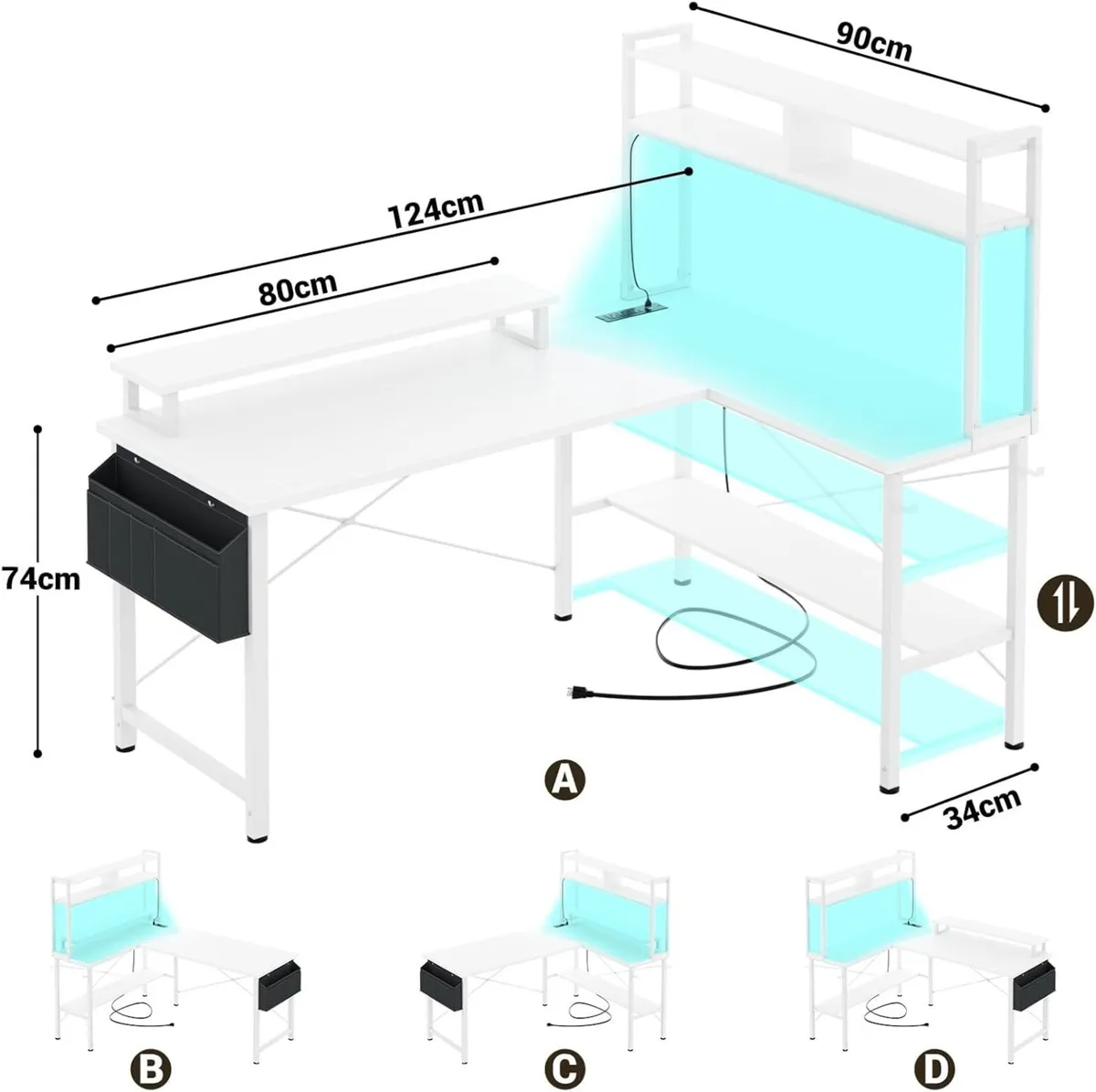 L Shaped Gaming Desk with Power Outlets LED - Image 2