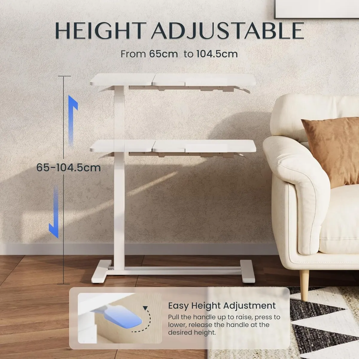 Overbed Table with Wheels Adjustable Bedside - Image 2