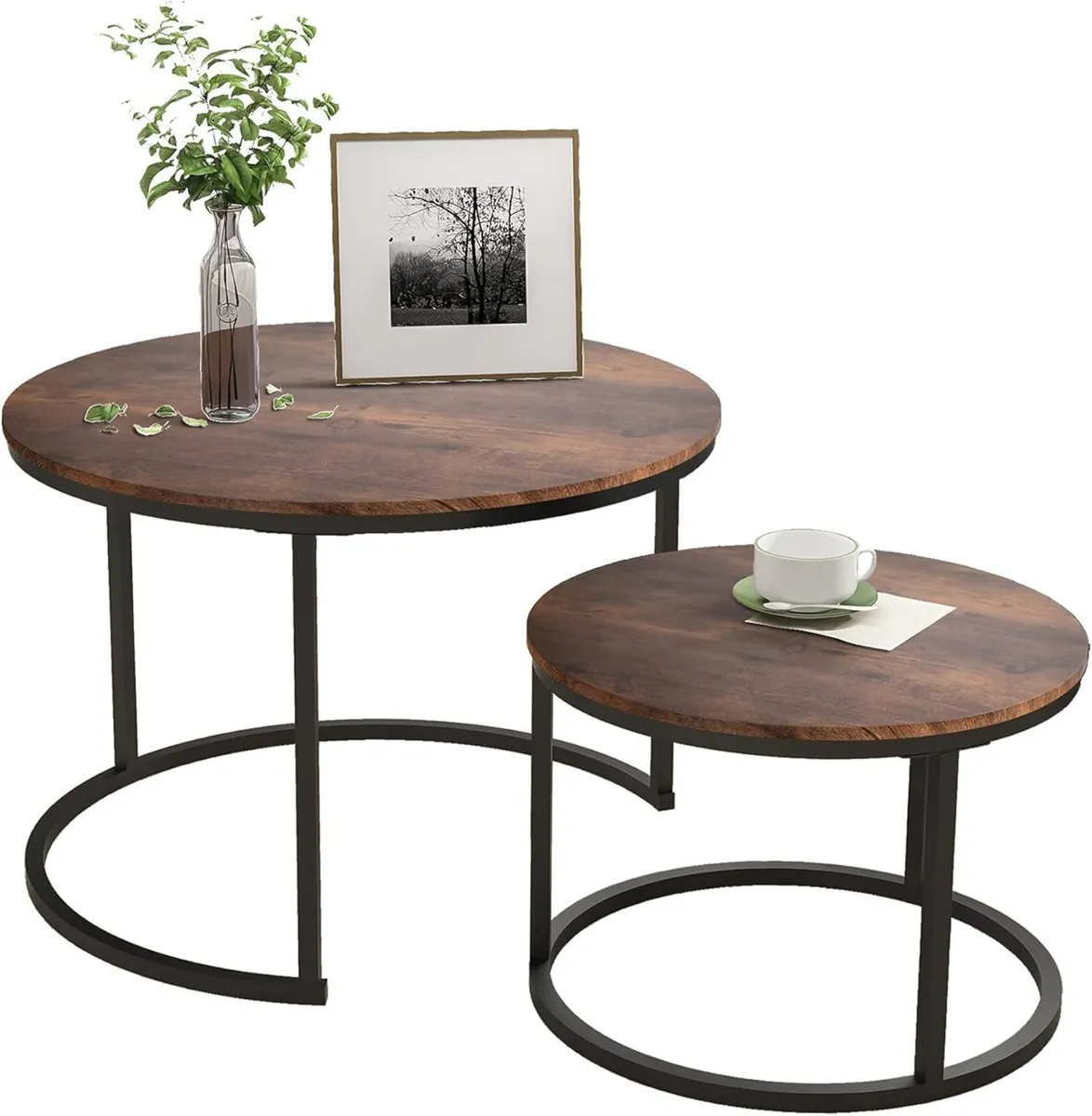 Black Round Coffee Table Set of 2 Side for Living - Image 1