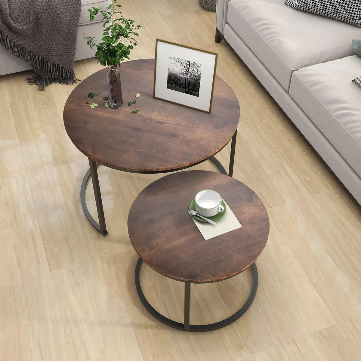 Black Round Coffee Table Set of 2 Side for Living - Image 4