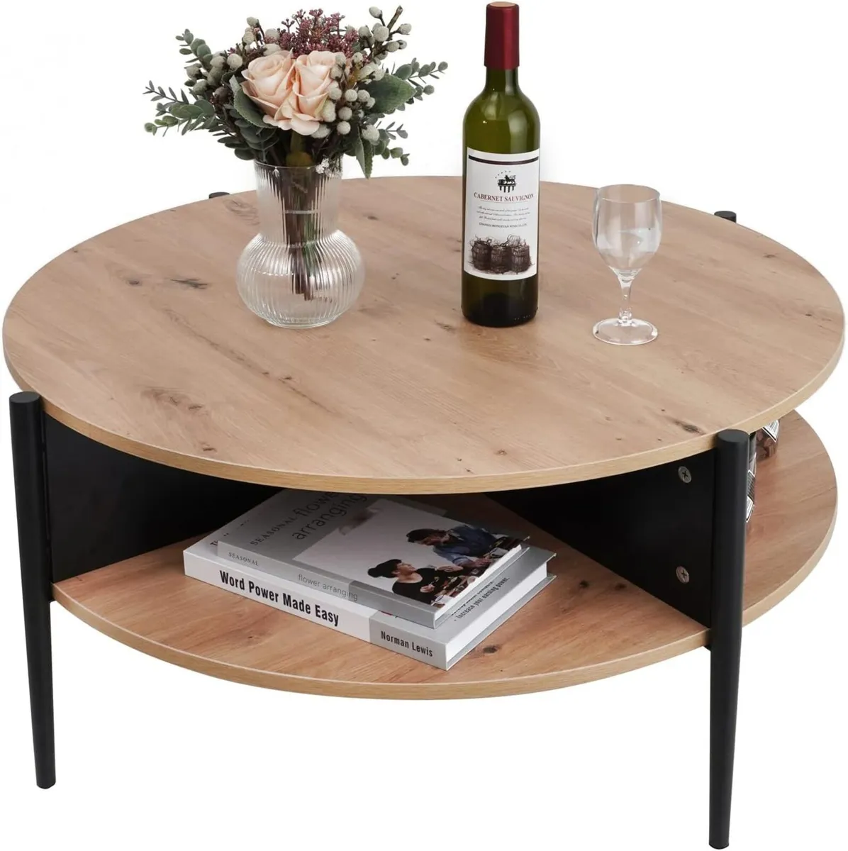 Wood Round Coffee Table with 2-Tier Storage - Image 1