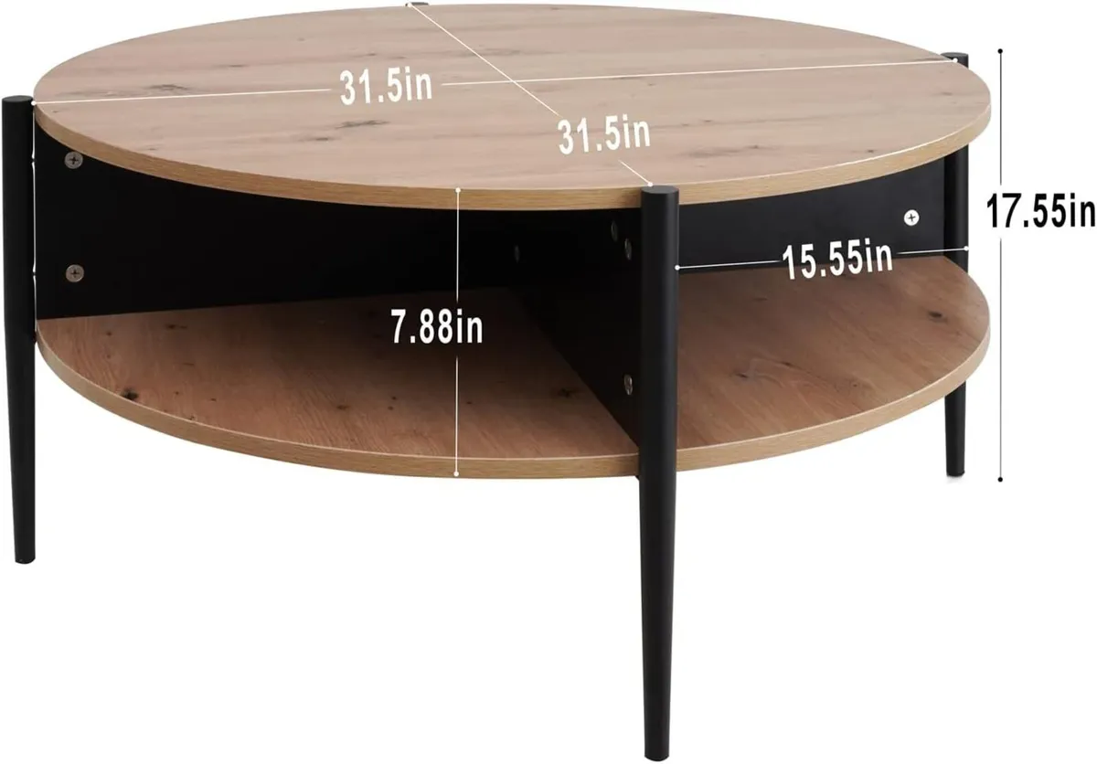 Wood Round Coffee Table with 2-Tier Storage - Image 3