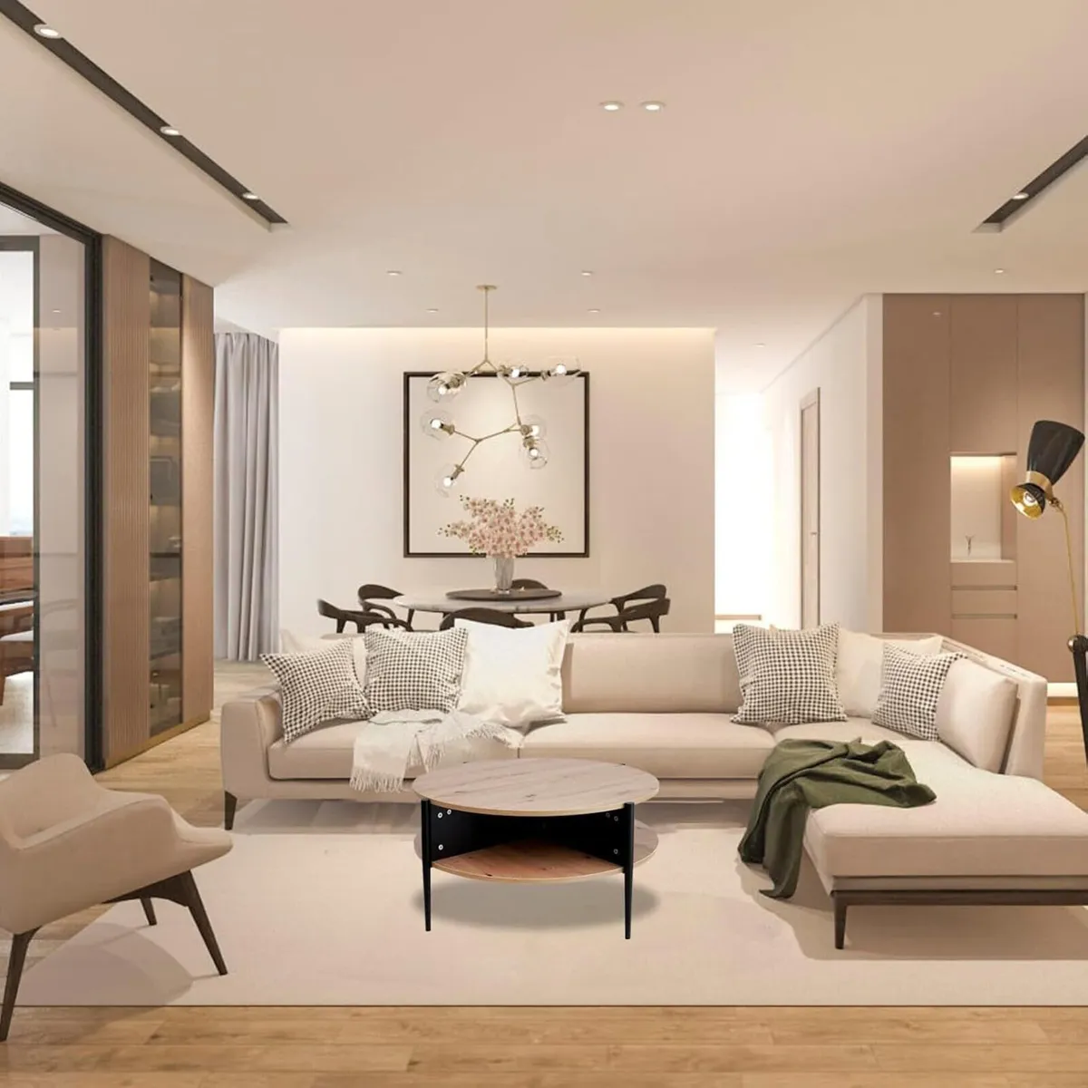 Wood Round Coffee Table with 2-Tier Storage - Image 4