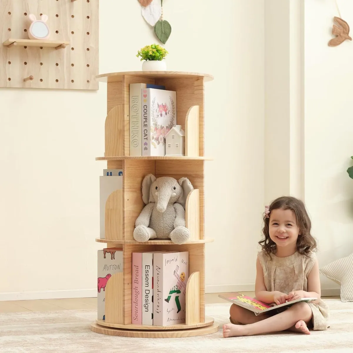 Solid Wood Rotating Bookshelf 360 Degree 3 Tier - Image 1