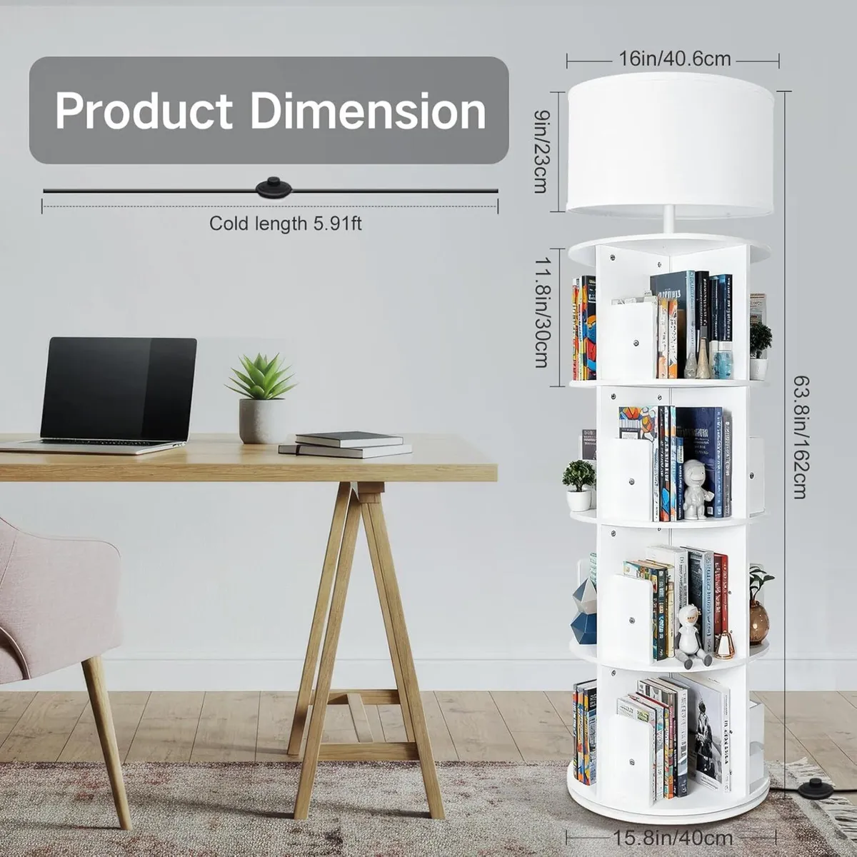 5 Tier Rotating Bookshelf with Light Round - Image 3