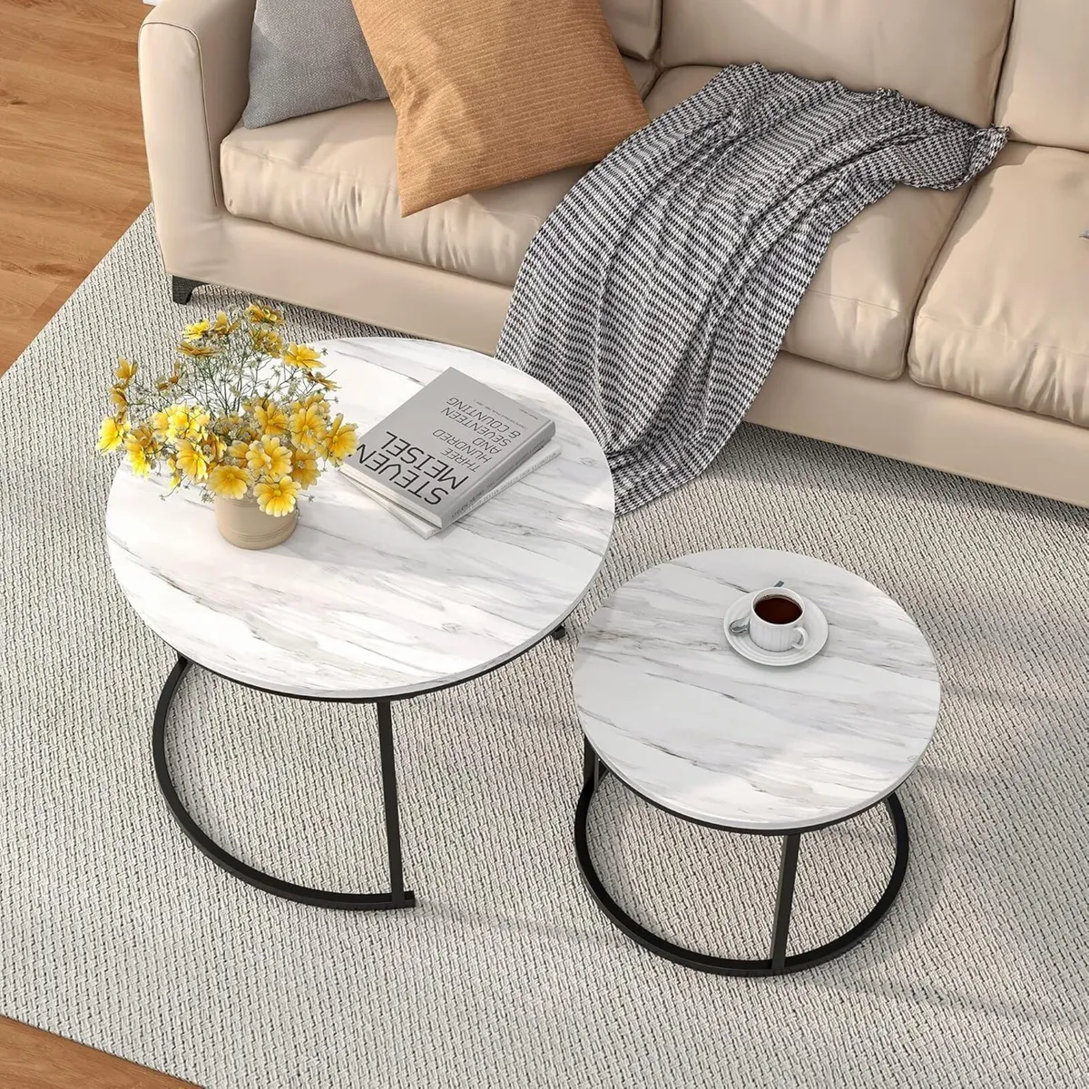 Black Round Coffee Table Set of 2 Side for Living - Image 3