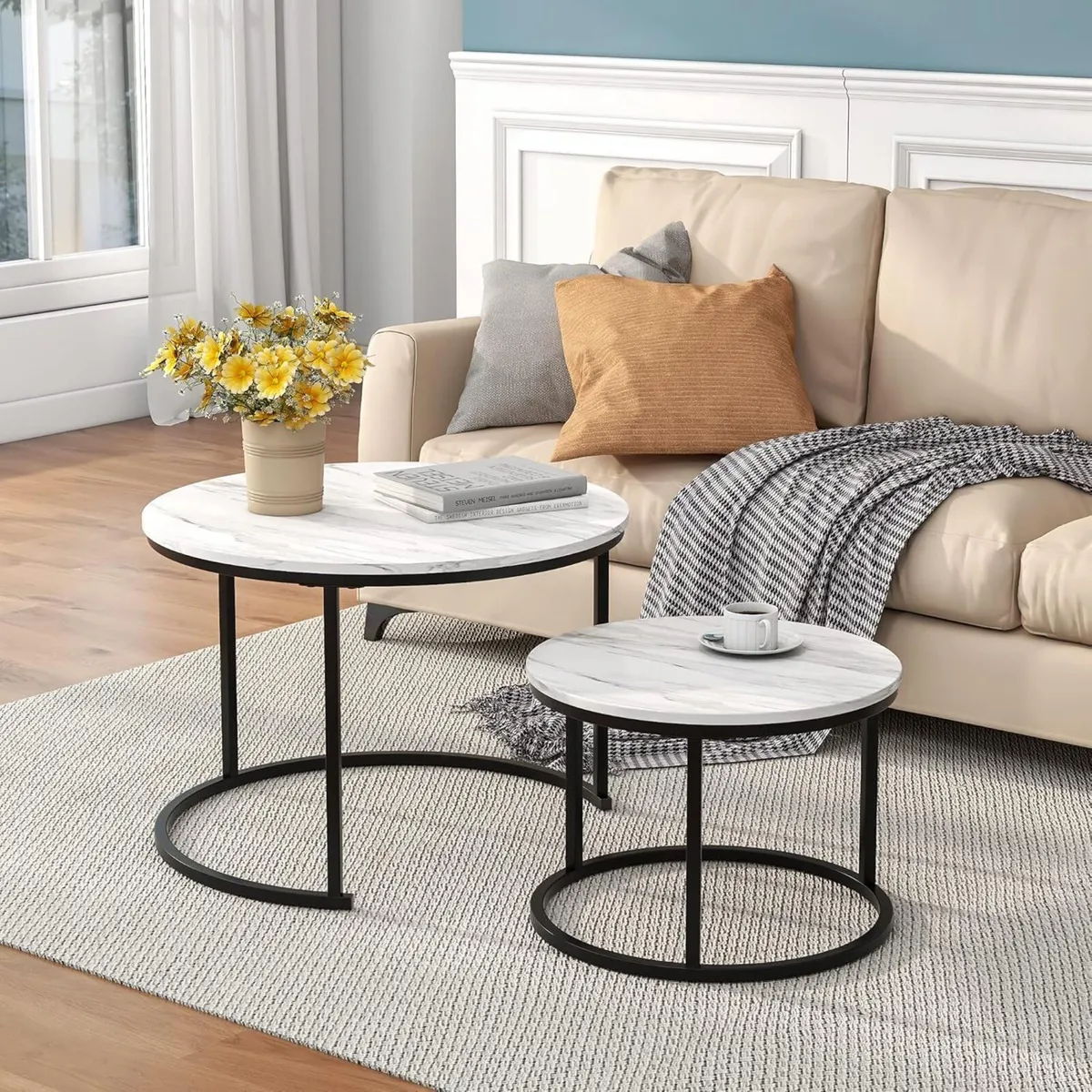 Black Round Coffee Table Set of 2 Side for Living - Image 1