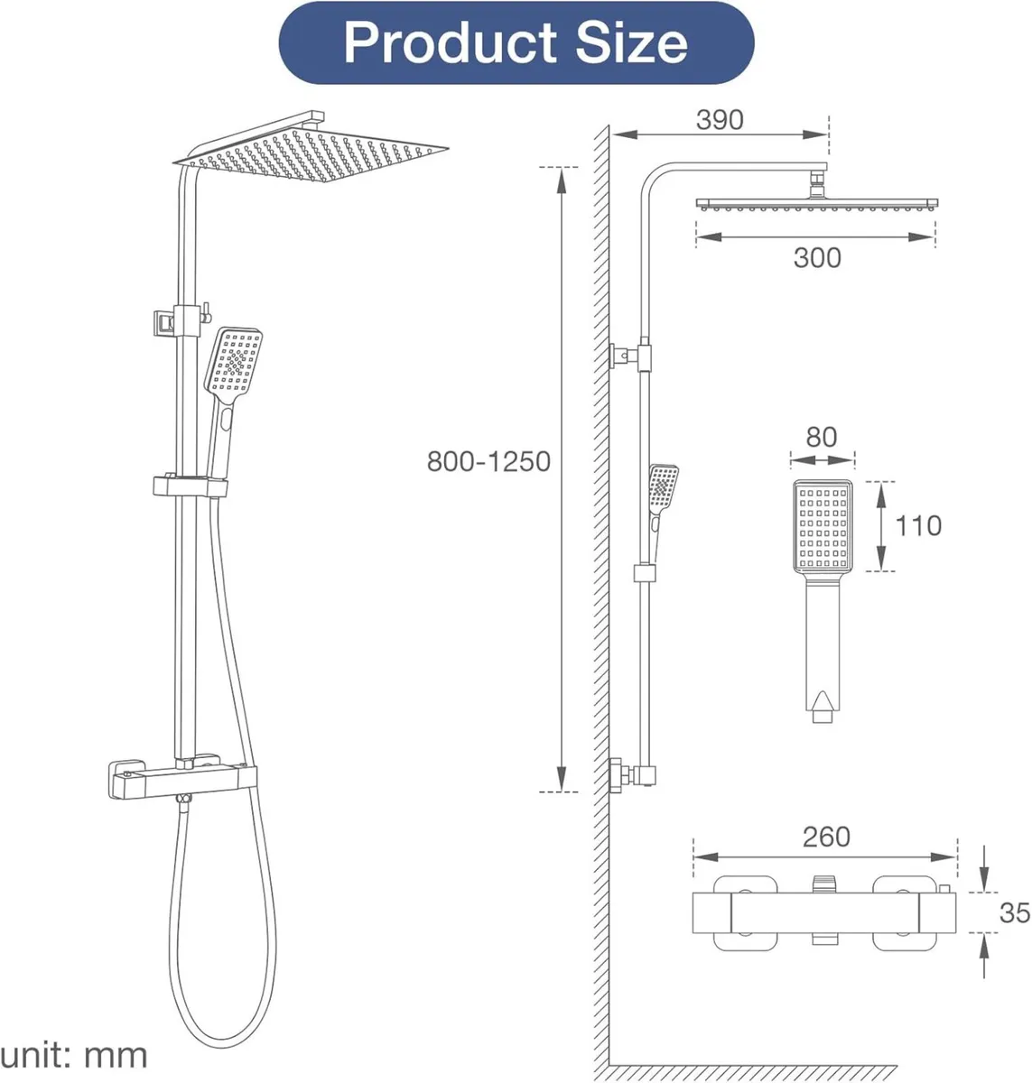 Square Thermostatic Shower System 38degreesC - Image 2
