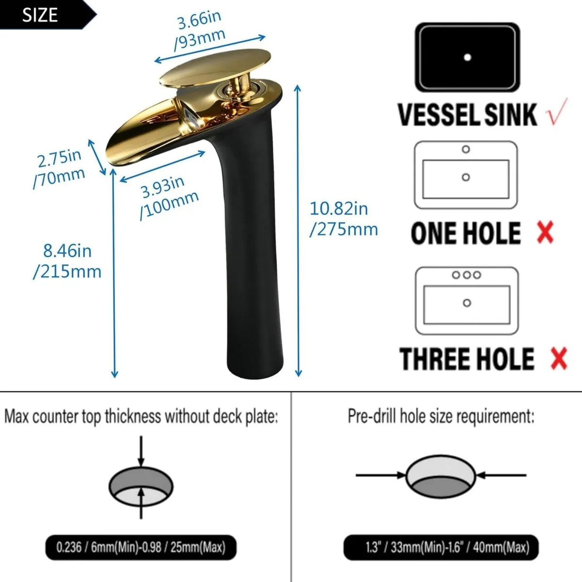 Bathroom Basin Mixer Tap Black Gold Waterfall - Image 2