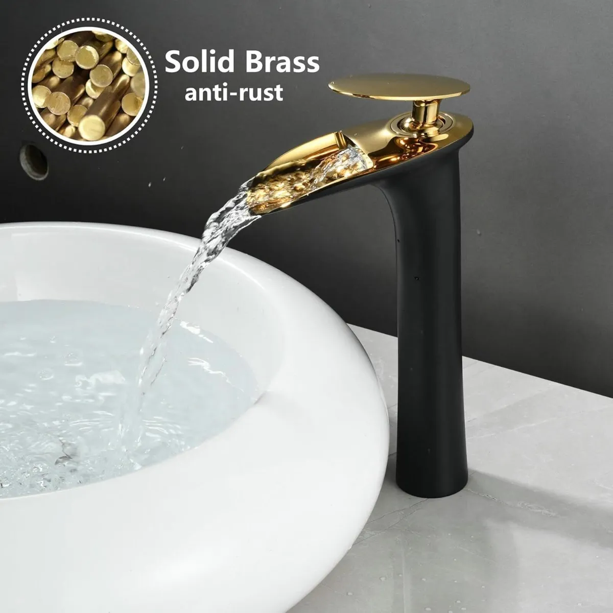 Bathroom Basin Mixer Tap Black Gold Waterfall - Image 3