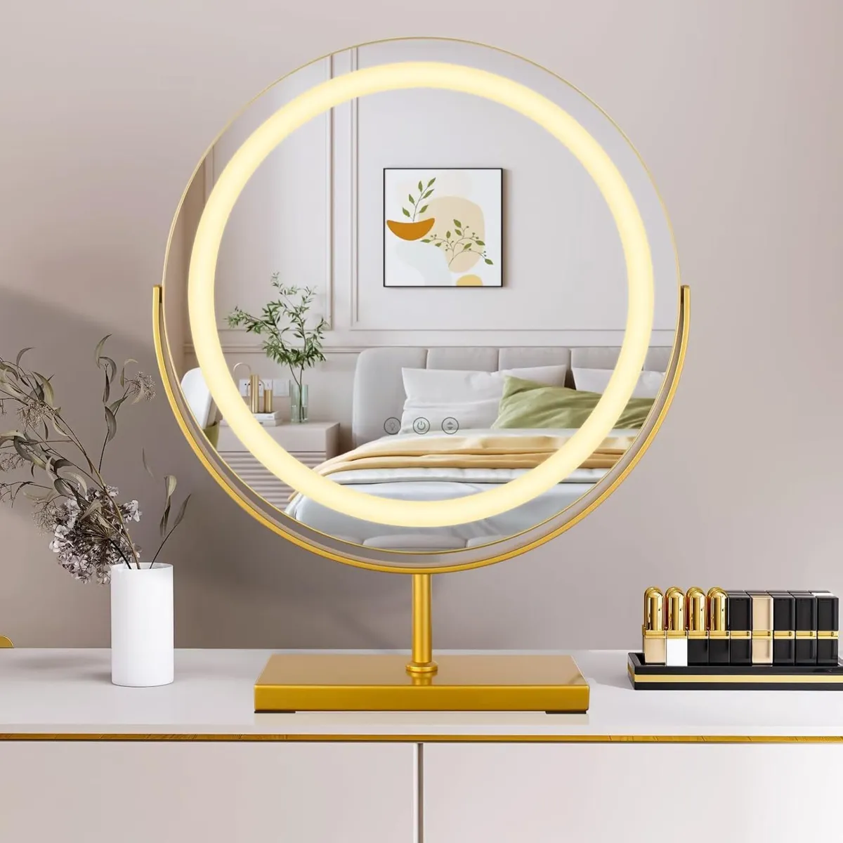 Gold Round LED Makeup Mirrors 360degrees Rotation - Image 1