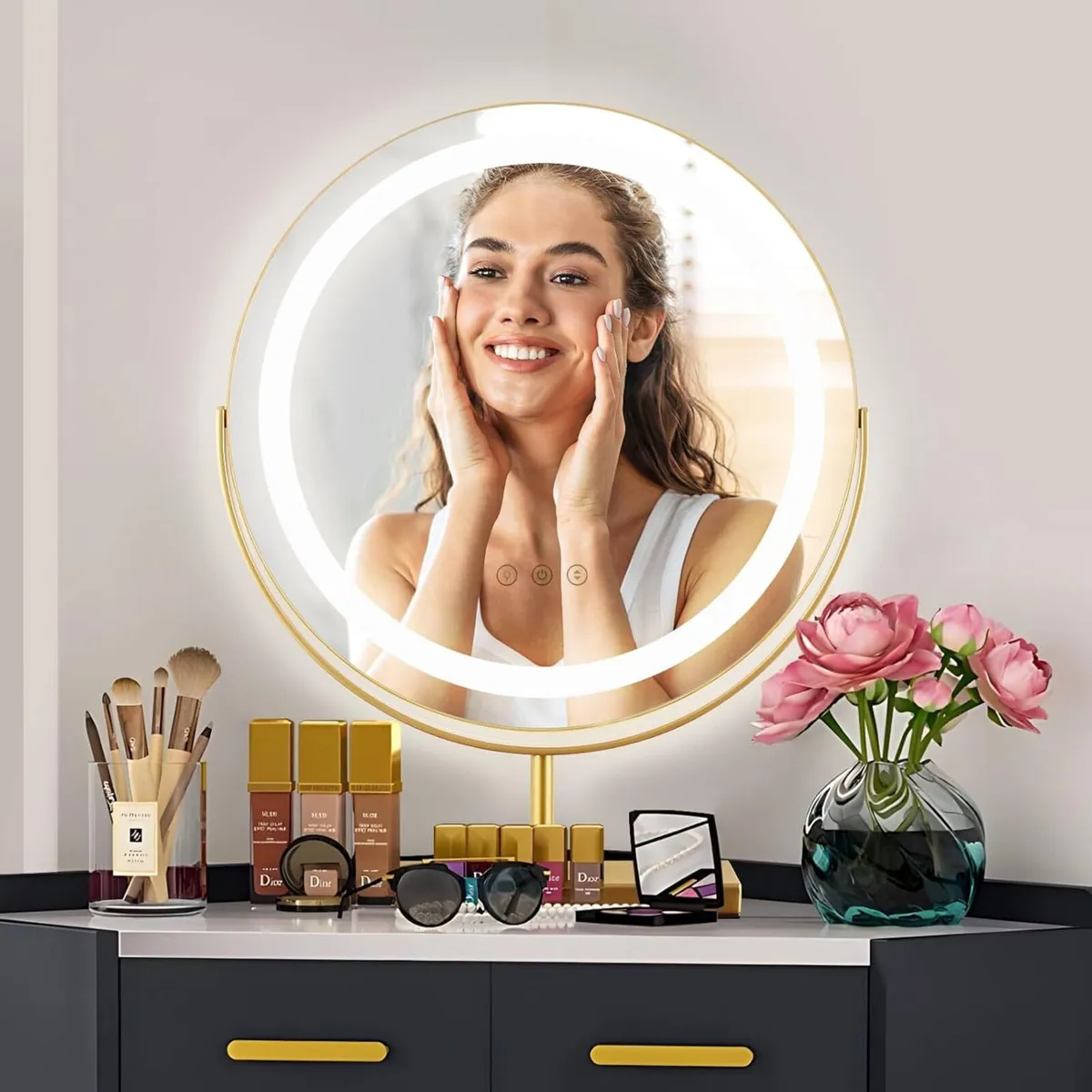 Gold Round LED Makeup Mirrors 360degrees Rotation - Image 4
