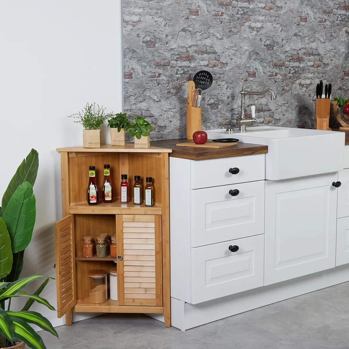 Corner Cabinet Bamboo HWD: 92x58x30 cm Bathroom - Image 2