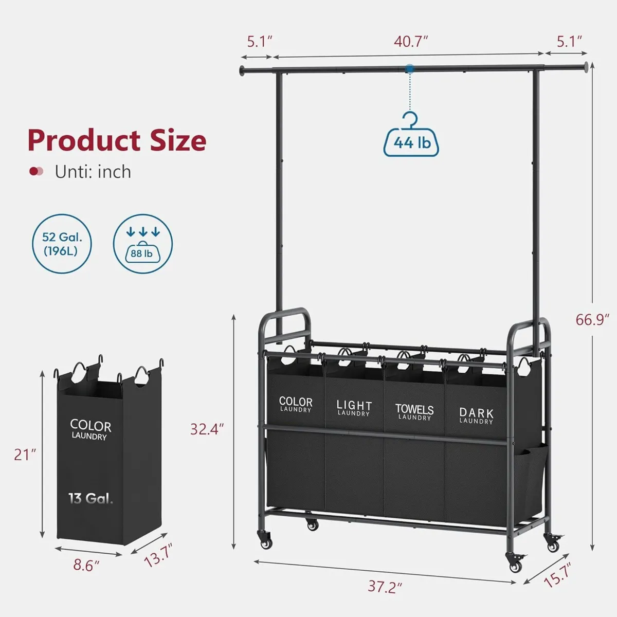 Laundry Sorter Cart with Hanging Clothes Rack 4 - Image 3