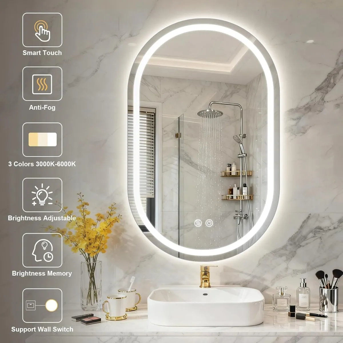 Oval Bathroom Mirror with LED Lights 500x800mm - Image 2