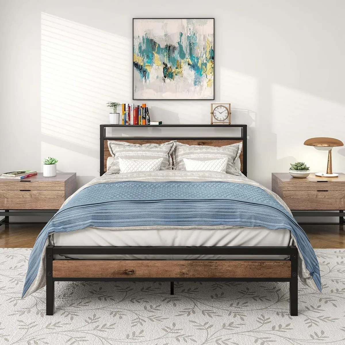 Double Bed Frames with Wood Storage Shelf - Image 3