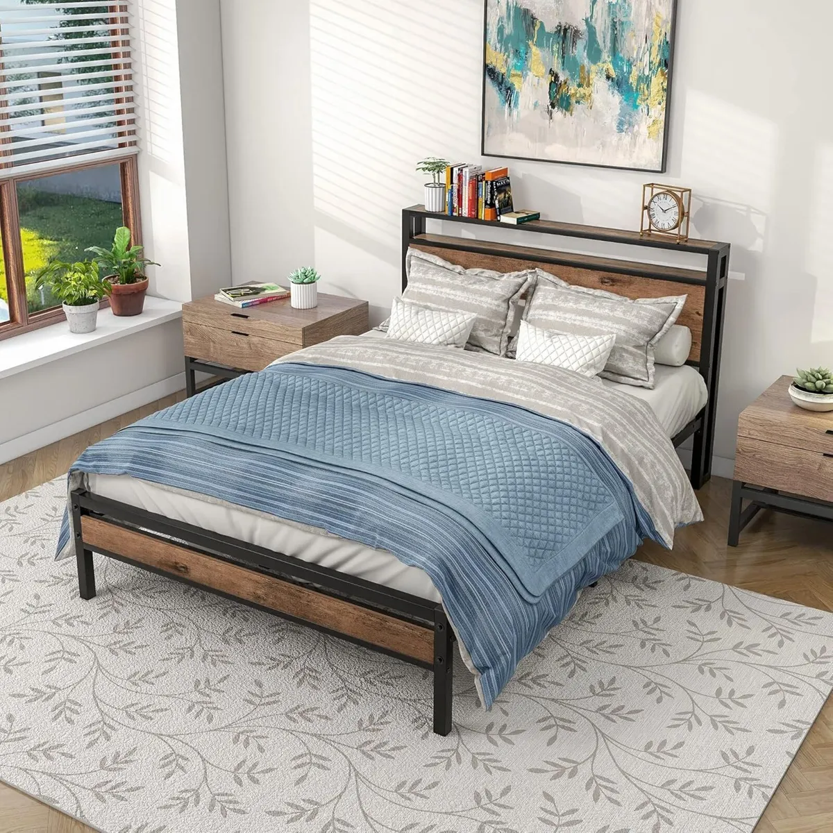 Double Bed Frames with Wood Storage Shelf - Image 4