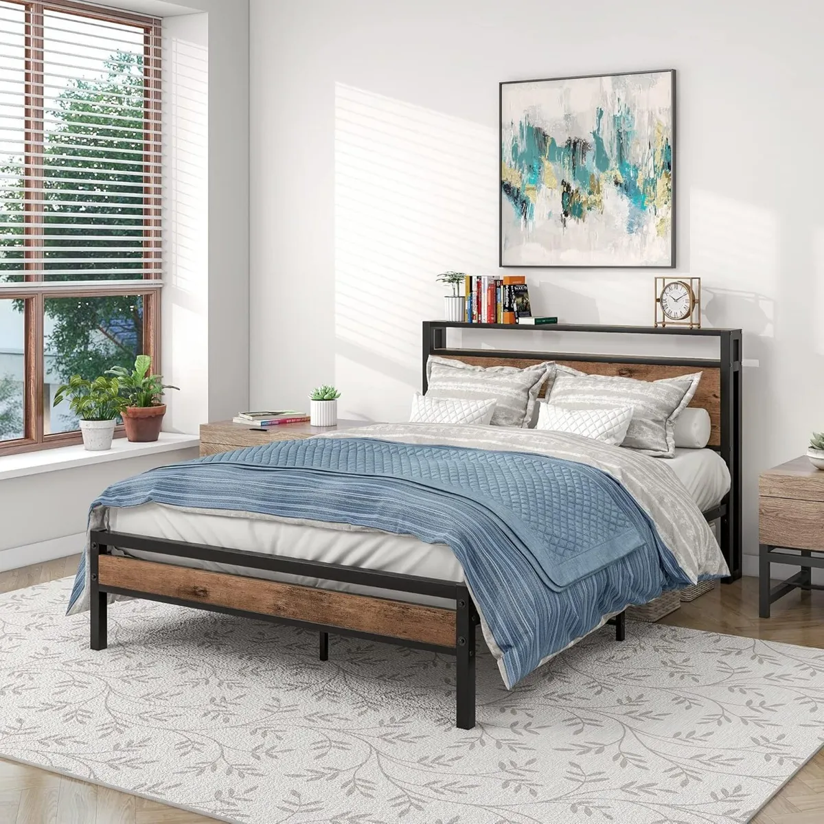 Double Bed Frames with Wood Storage Shelf - Image 1