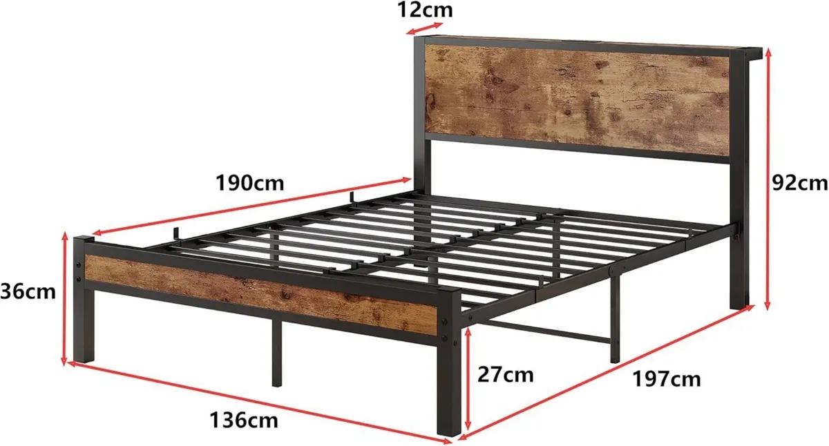 Double Bed Frame Metal Platform with Wood - Image 2