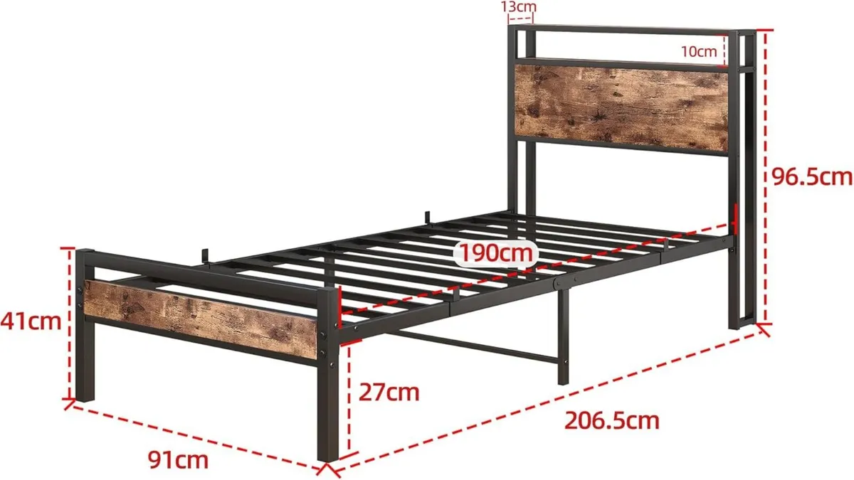 3ft Single Bed Frames Solid Metal with Wood - Image 2