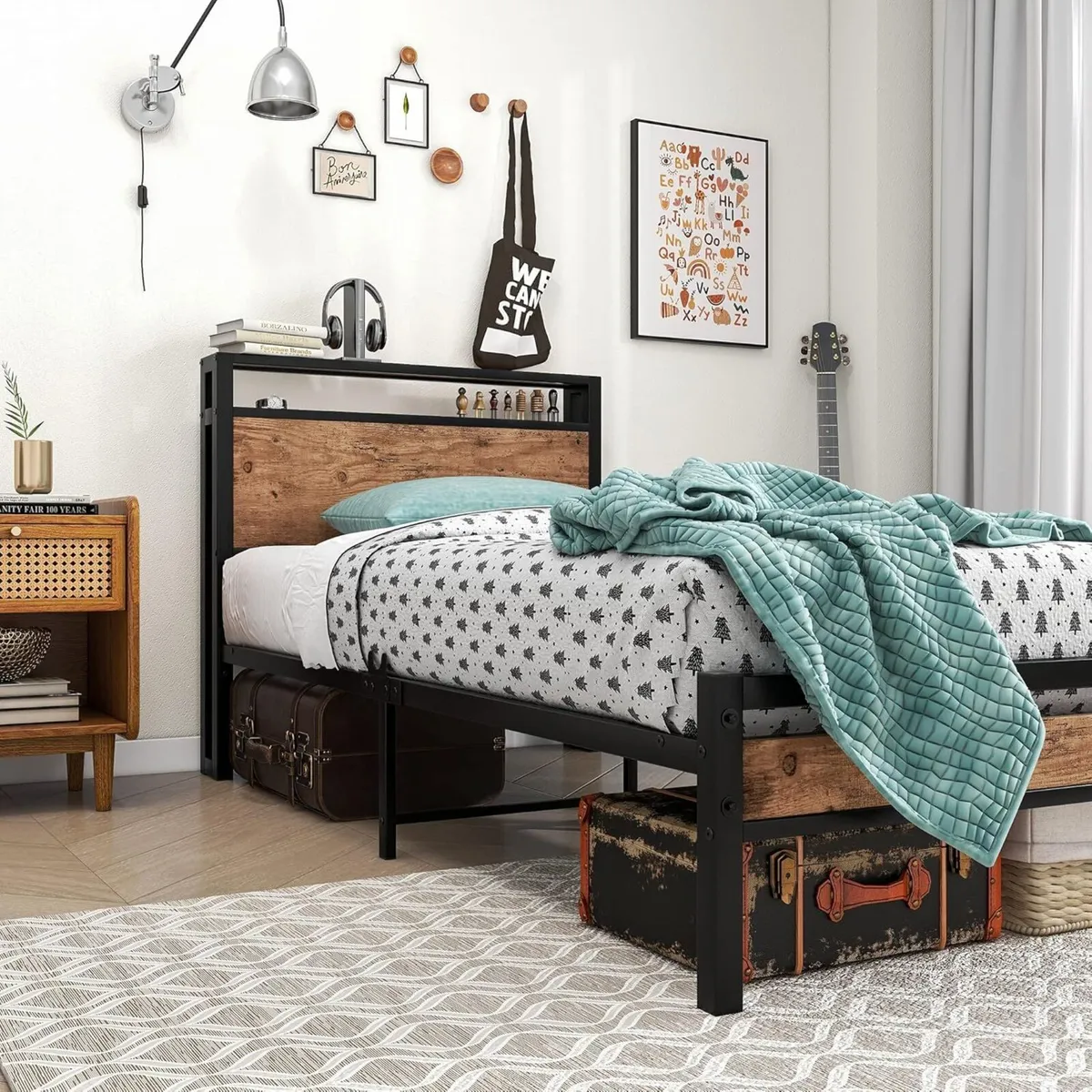 3ft Single Bed Frames Solid Metal with Wood - Image 4