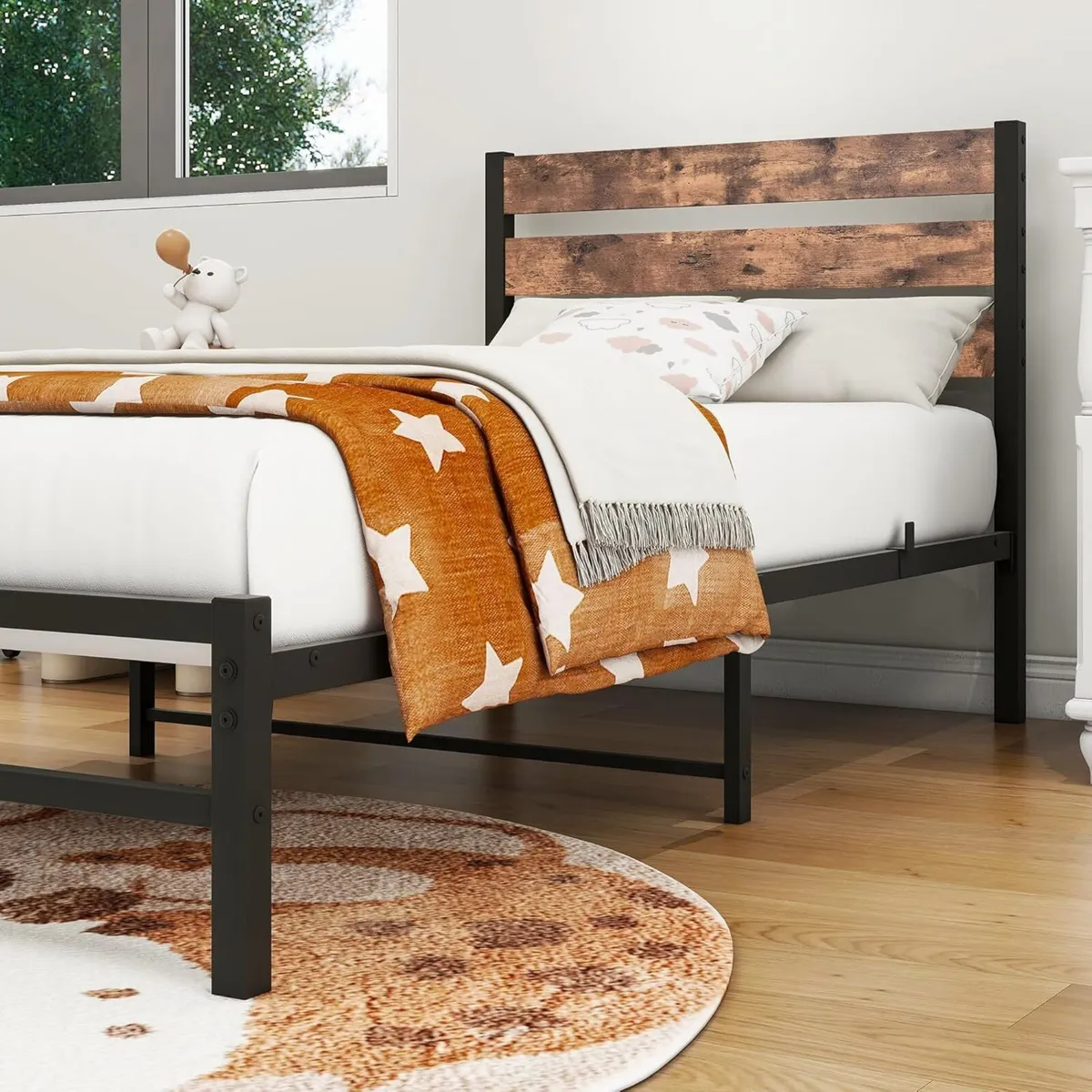 Single Bed Frame with Rustic Wood Headboard Heavy - Image 2