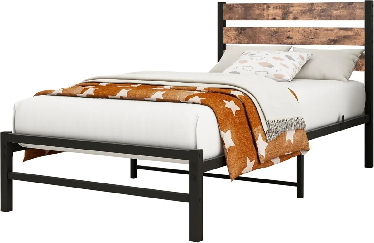 Single Bed Frame with Rustic Wood Headboard Heavy - Image 3
