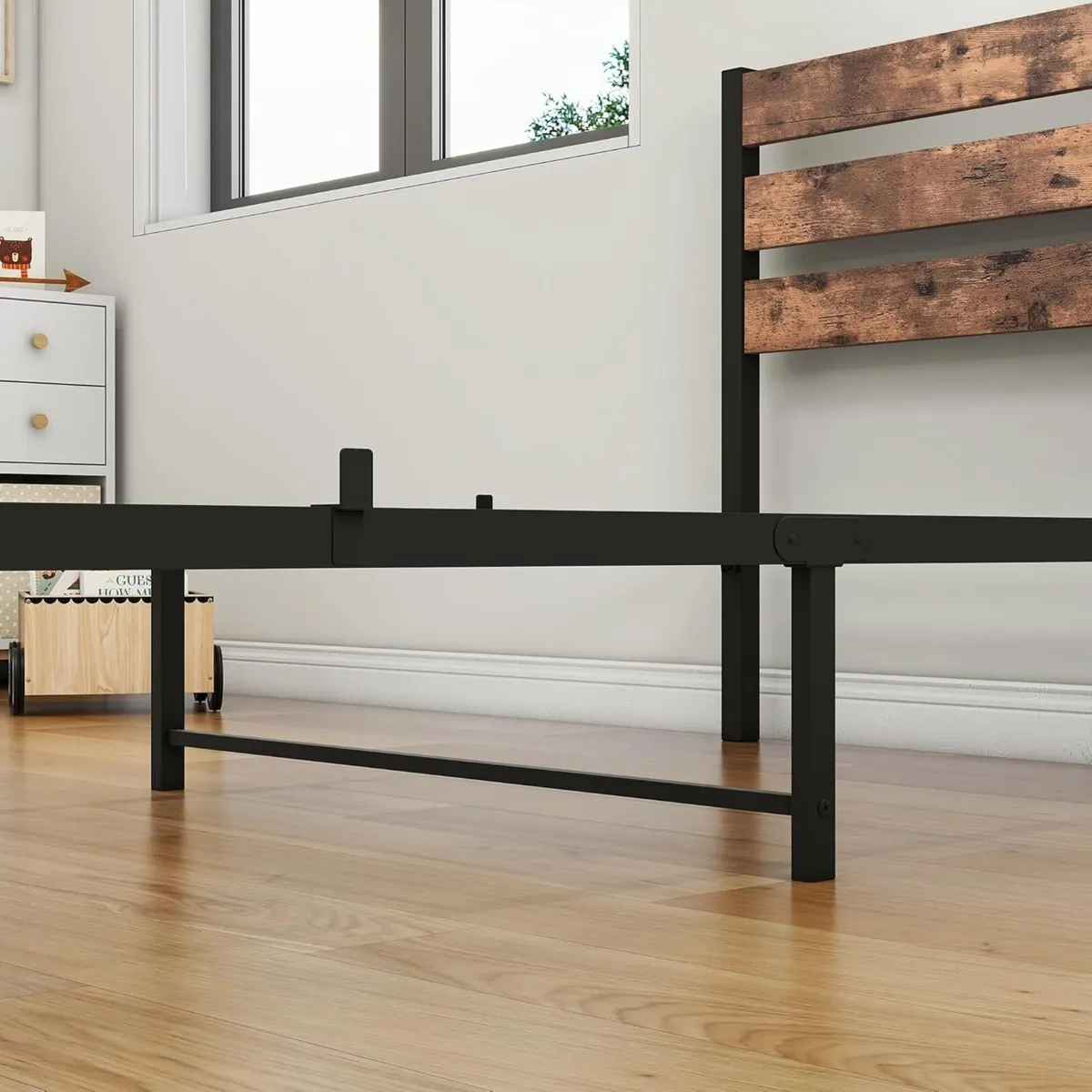 Single Bed Frame with Rustic Wood Headboard Heavy - Image 4