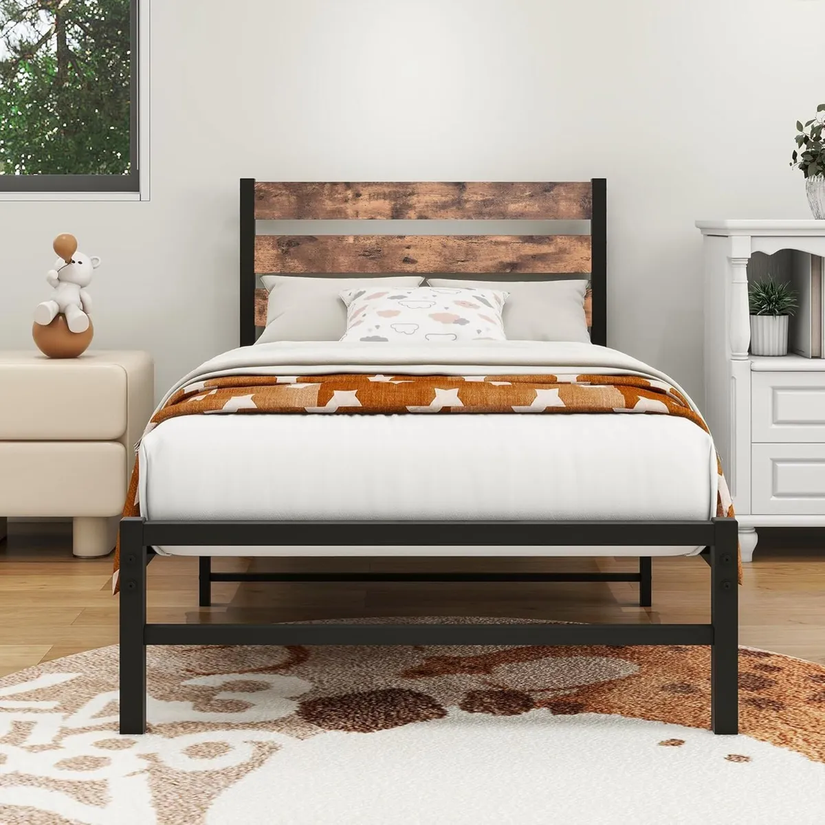 Single Bed Frame with Rustic Wood Headboard Heavy - Image 1