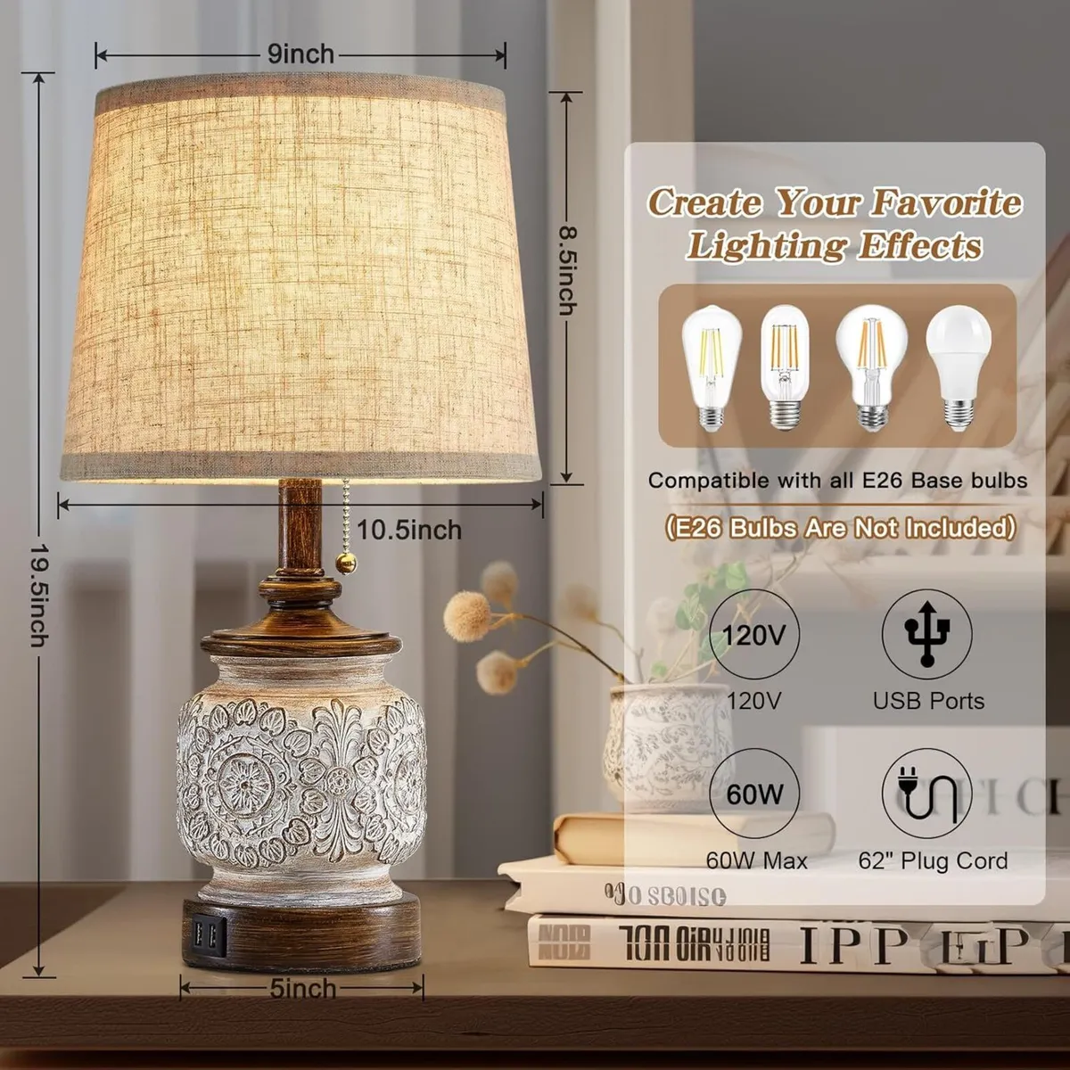 19.5 Farmhouse Bedside Table Lamps Set of 2 - Image 2