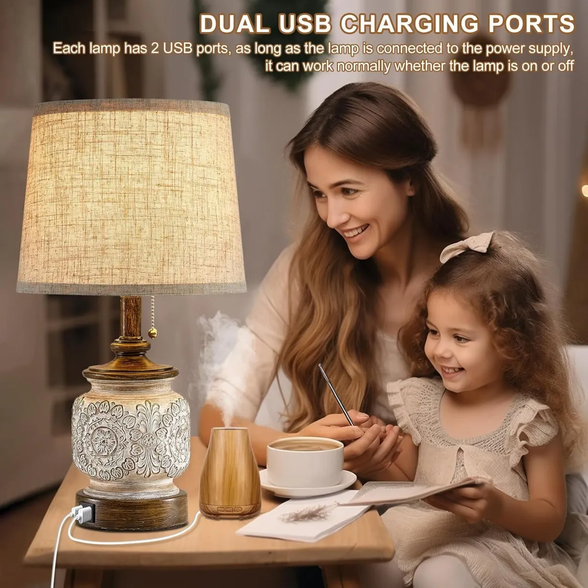 19.5 Farmhouse Bedside Table Lamps Set of 2 - Image 3