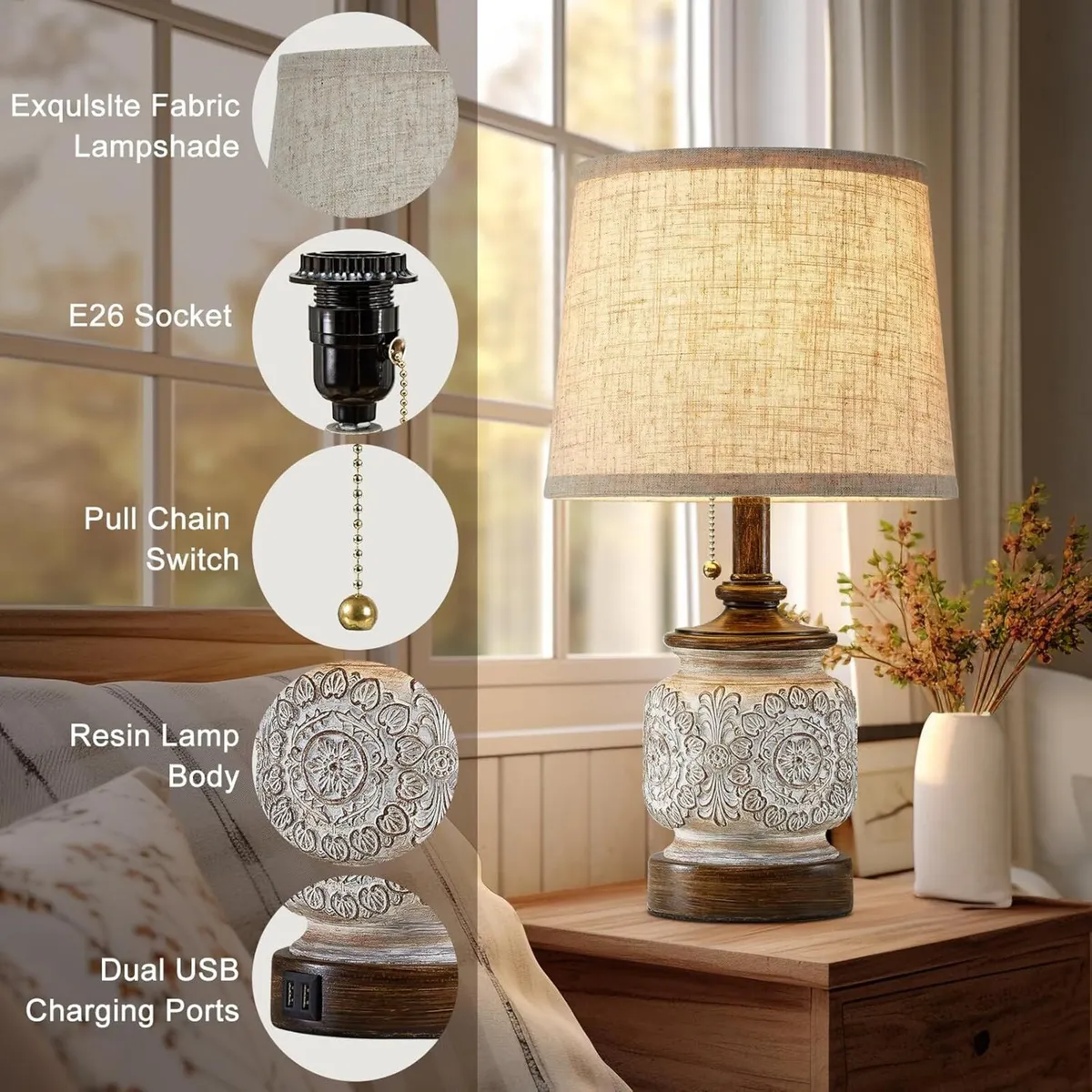 19.5 Farmhouse Bedside Table Lamps Set of 2 - Image 4