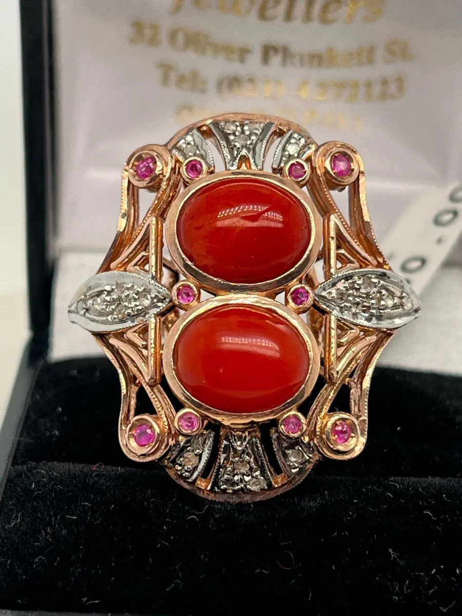 9k rose gold coral ring, diamonds and pink stones - Image 1