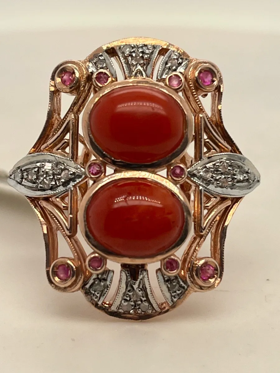 9k rose gold coral ring, diamonds and pink stones - Image 2