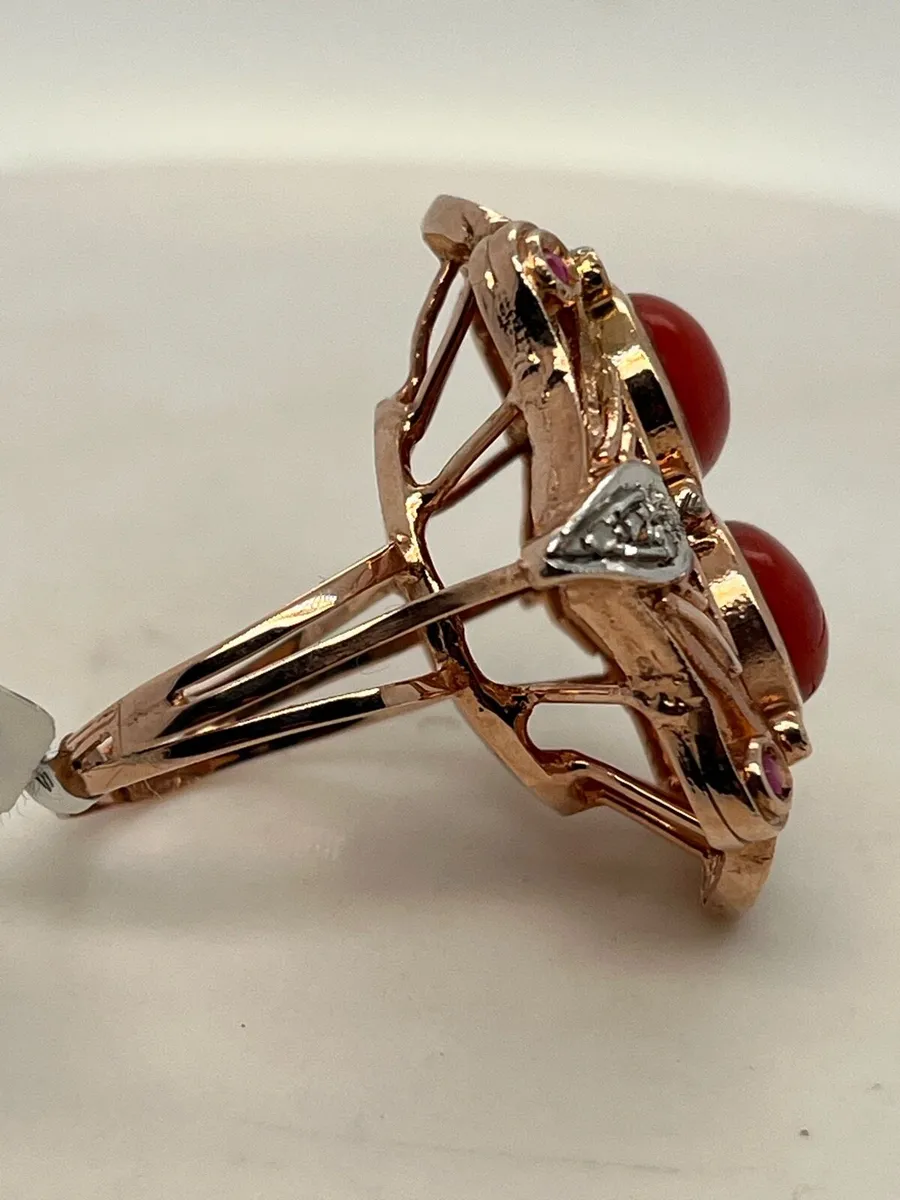 9k rose gold coral ring, diamonds and pink stones - Image 4