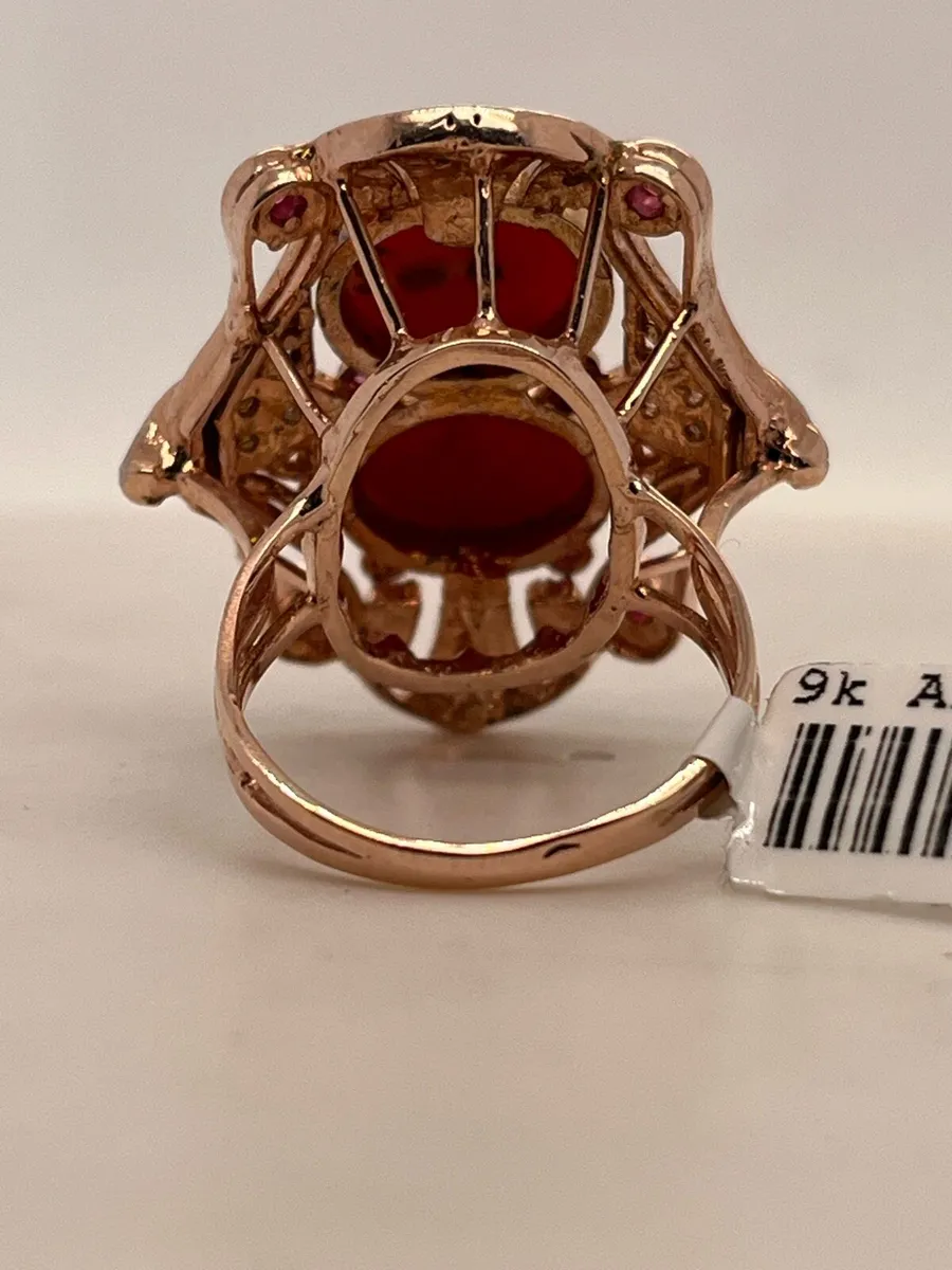 9k rose gold coral ring, diamonds and pink stones - Image 3