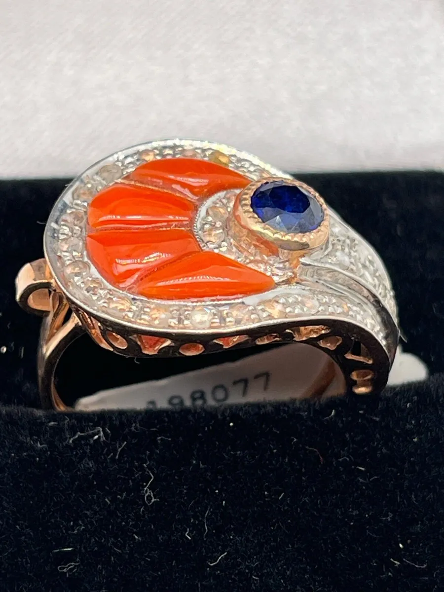 9k rose gold coral ring with sapphire and diamonds - Image 2