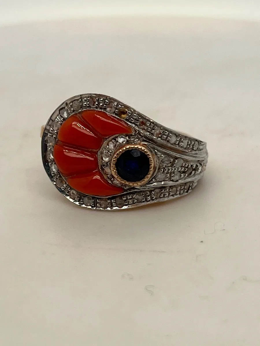 9k rose gold coral ring with sapphire and diamonds - Image 4