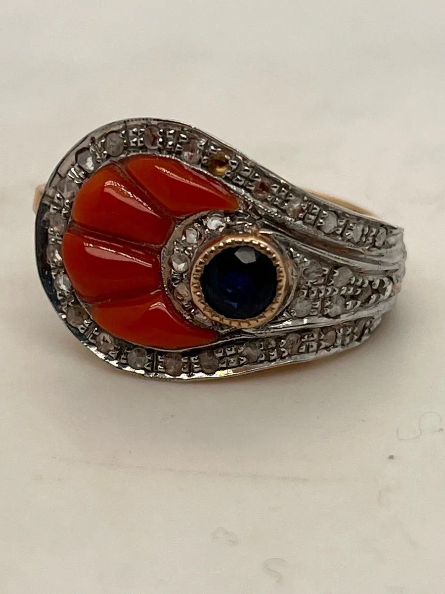 9k rose gold coral ring with sapphire and diamonds - Image 1