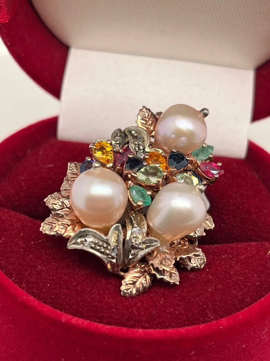 9k rose gold multi stone ring, diamonds and pearls - Image 1