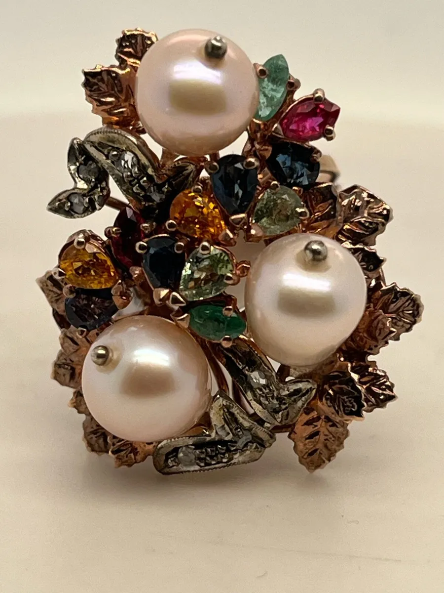 9k rose gold multi stone ring, diamonds and pearls - Image 2