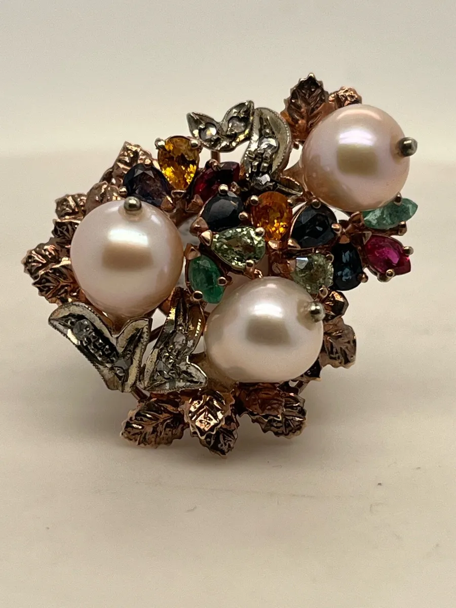 9k rose gold multi stone ring, diamonds and pearls - Image 3