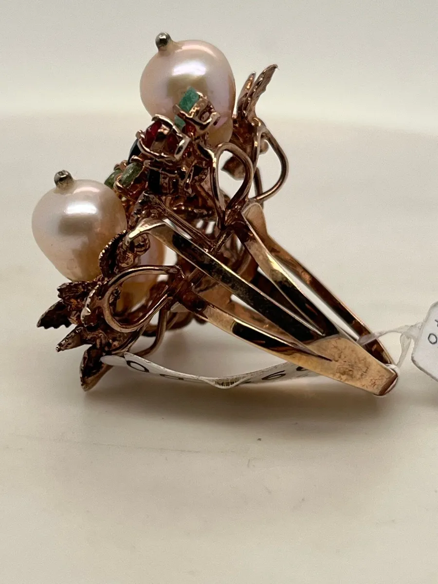 9k rose gold multi stone ring, diamonds and pearls - Image 4